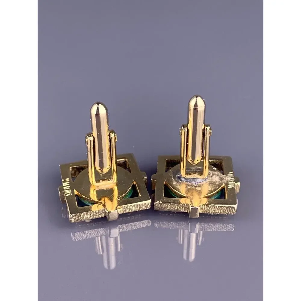 Green Jade Nephrite Stone Cufflinks Gold Plated Open Frame Square Swank Vintage
